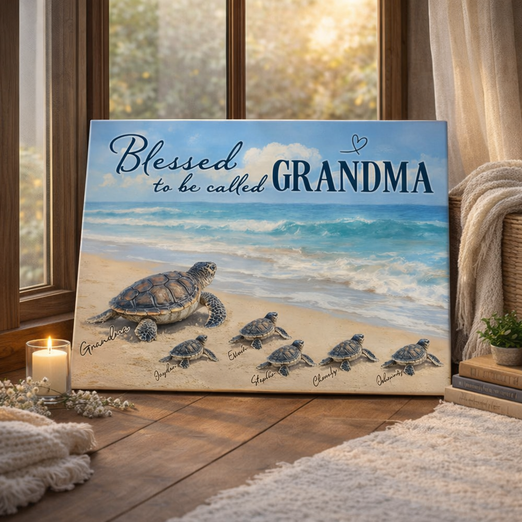Grandma Turtle's Little Grandkids by the Shore - Personalized Canvas - Mother's Day Gift For Mom, Grandma