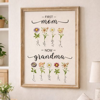 Custom First Mom Now Grandma Gift, Grandma's Garden Sign, Mother's Day Gift For Grandma, Birth Month Flower Prints, Family Flower Painting