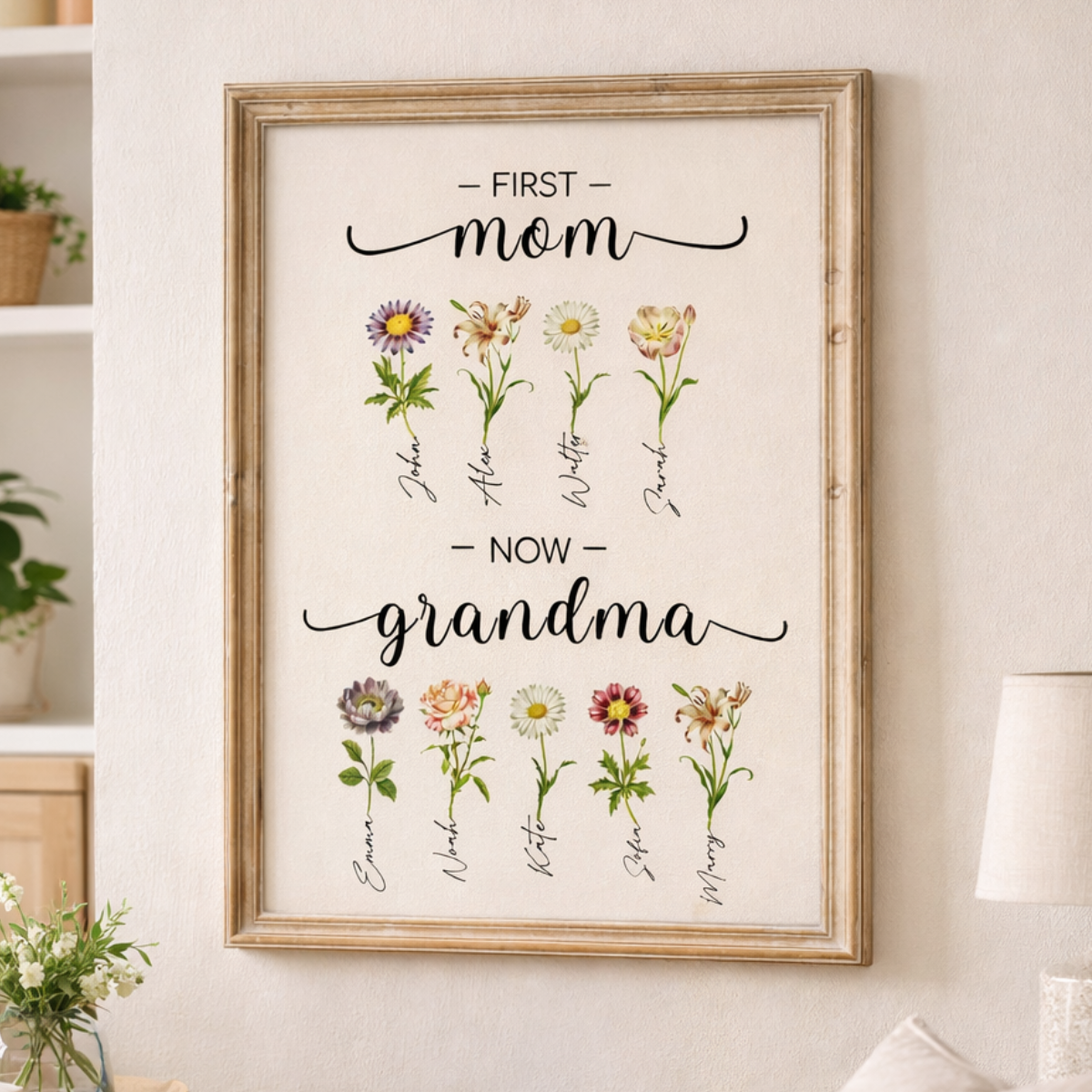 Custom First Mom Now Grandma Gift, Grandma's Garden Sign, Mother's Day Gift For Grandma, Birth Month Flower Prints, Family Flower Painting