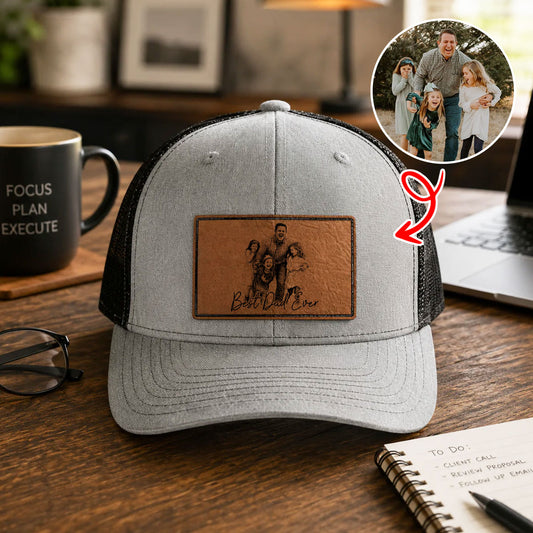 Custom Photo Pencil Sketch Family Dog Cat Portrait - Personalized Leather Patch Hat