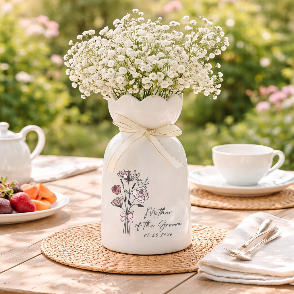 Personalized Bloom Vase For Mother Of The Bride & Groom, Mother's Day Gift For Mom, Birth Month Flower Vase, Mother of the Bride Ceramic Bloom Vase