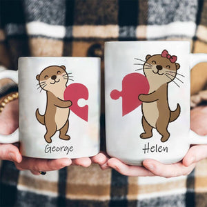 Custom Couple Gift, Valentine Couple Mug Personalized Otter Couple Mug Set, Custom Name Puzzle Heart Mugs, Cute Animal Gift for Couples