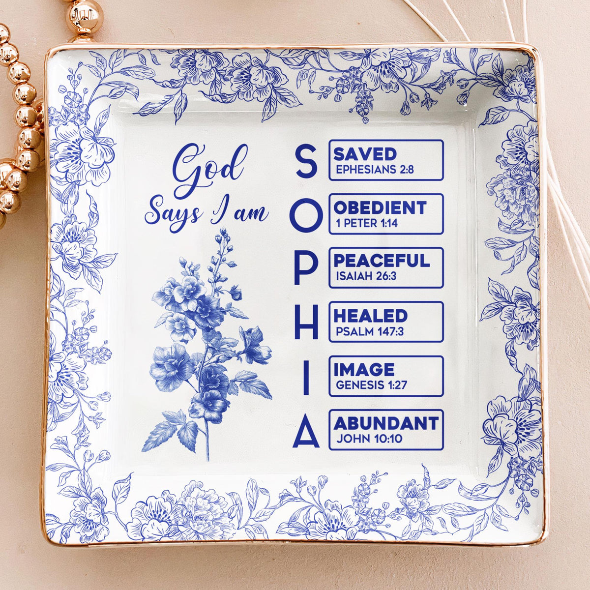 God Says I Am Name Letter In Bible Toile De Jouy Style, Personalized Jewelry Dish, Christian Gift, Gift for Her, Mental Health Giftful Dish