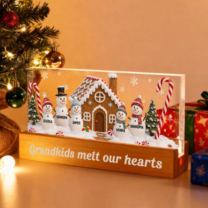 3D Effect Snowman Family In Snow - Personalized LED Light Wooden Base - Christmas For Family