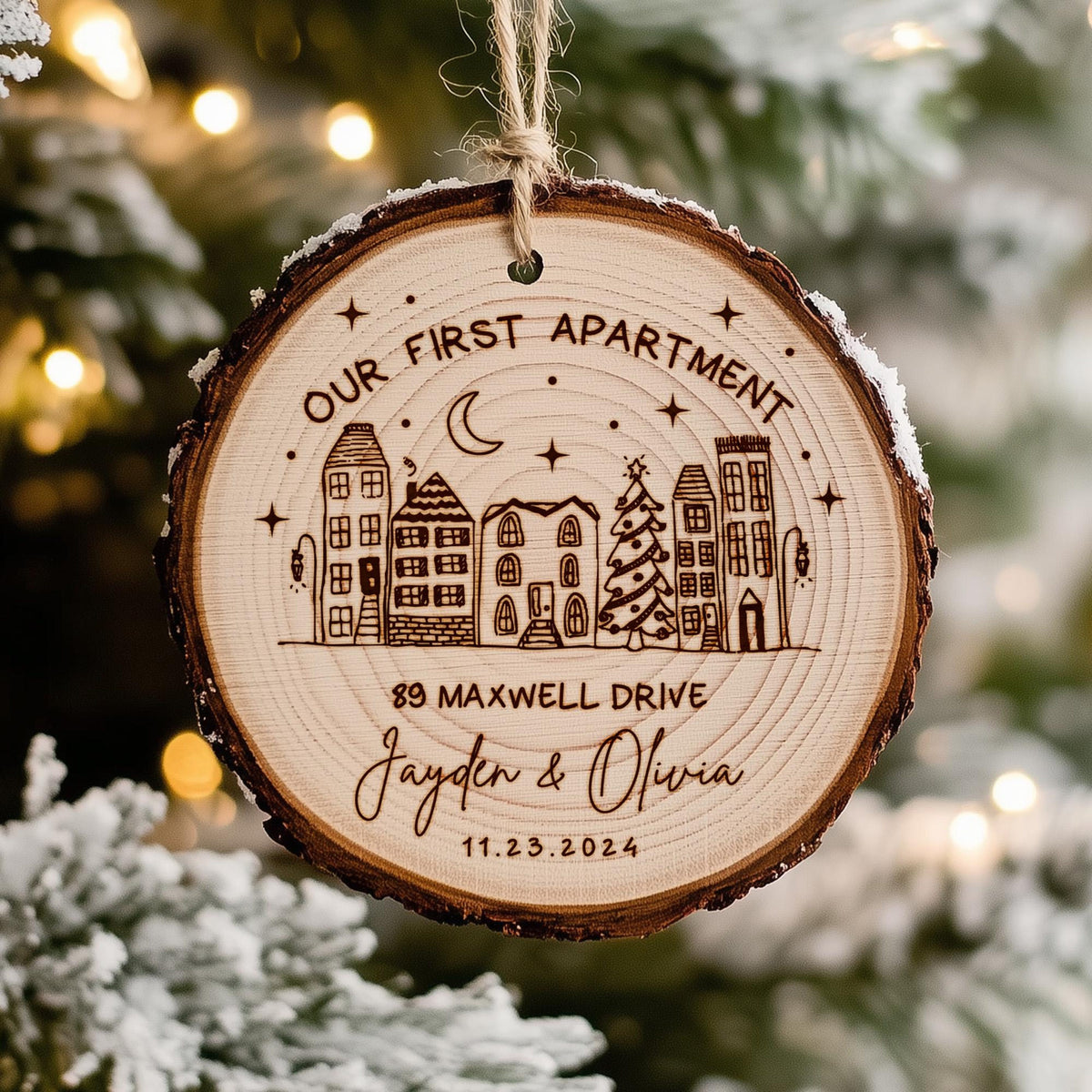 Custom Apartment Warming Gift, Our First Apartment Wooden Christmas Ornament, New Address Ornament, New Home Gift for Couples