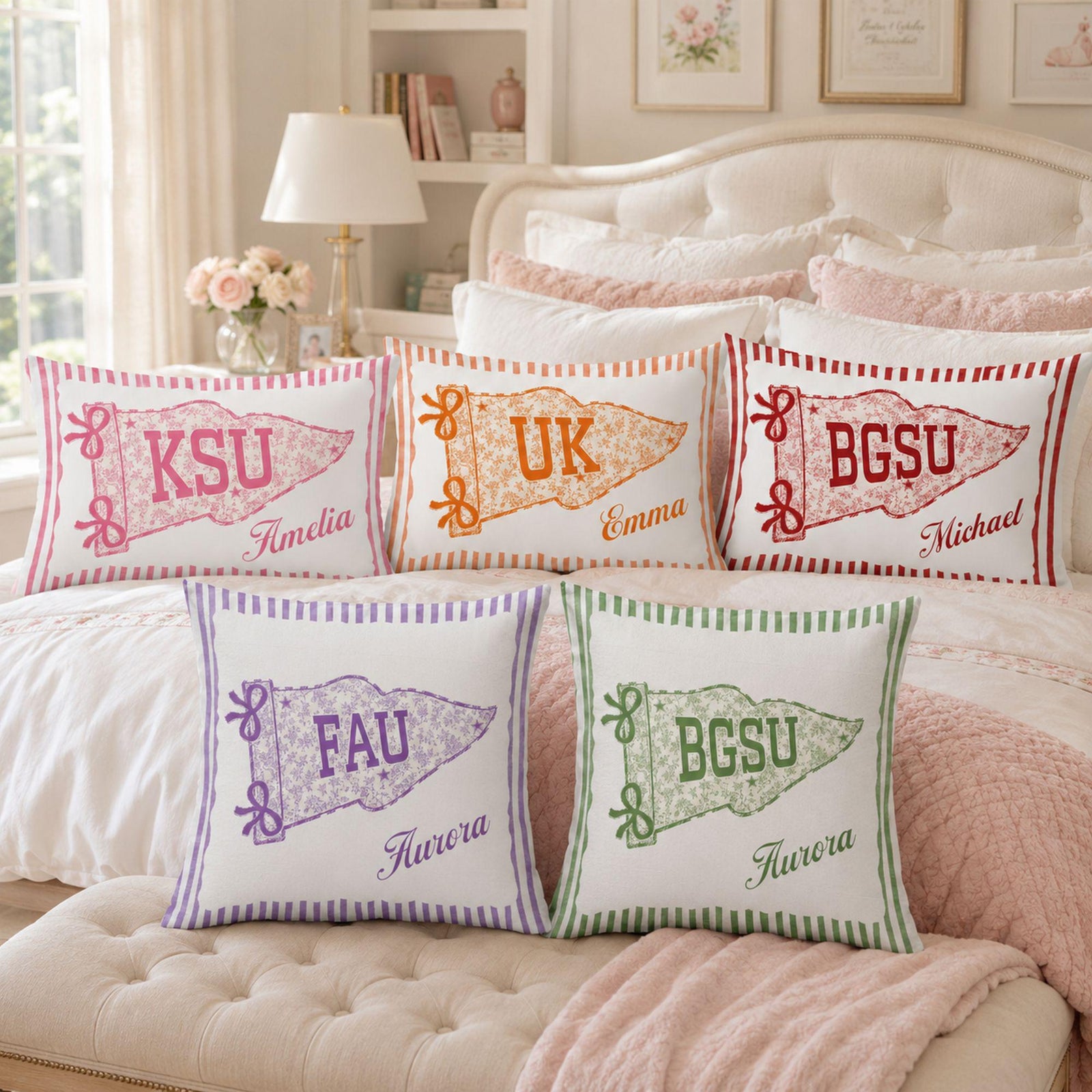 Personalized College Pillow, Custom Name Dorm Decor, Preppy Pennant Pillow, Floral Bow Pillow, Graduation Gift, College Bound Gift