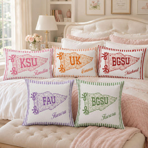 Personalized College Pillow, Custom Name Dorm Decor, Preppy Pennant Pillow, Floral Bow Pillow, Graduation Gift, College Bound Gift