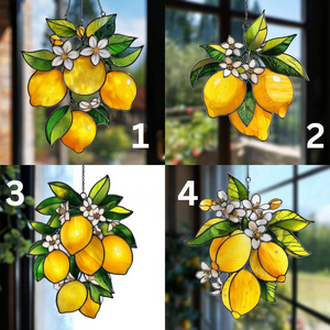 Lemon Blossom Acrylic Suncatcher Faux Stained Glass Window Hanging Yellow Citrus and White Flower Decor Fresh Kitchen Gift Idea