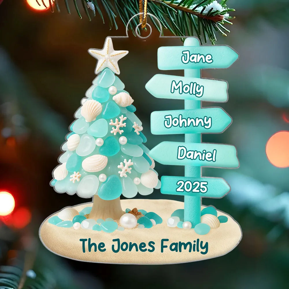 Family Direction Sign Post Sea Glass Pattern - Personalized Acrylic Ornament - Christmas Gift for Family