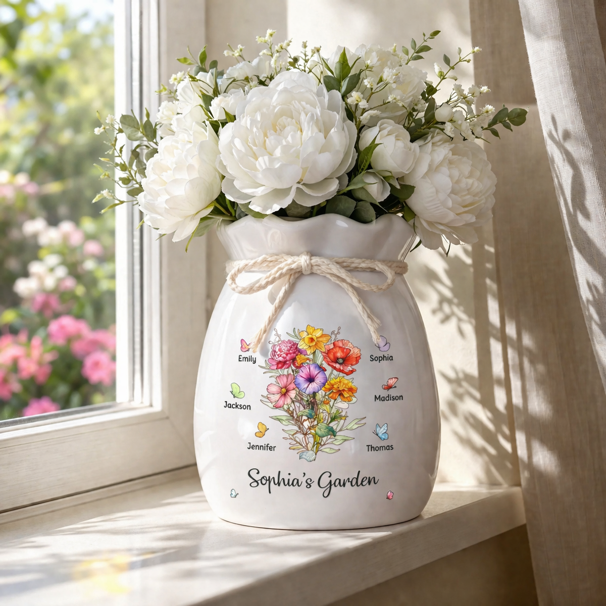 Garden Of Love - Personalized Flower Vase With Ribbon - Gift For Mom, Grandma, Mother's Day Gift