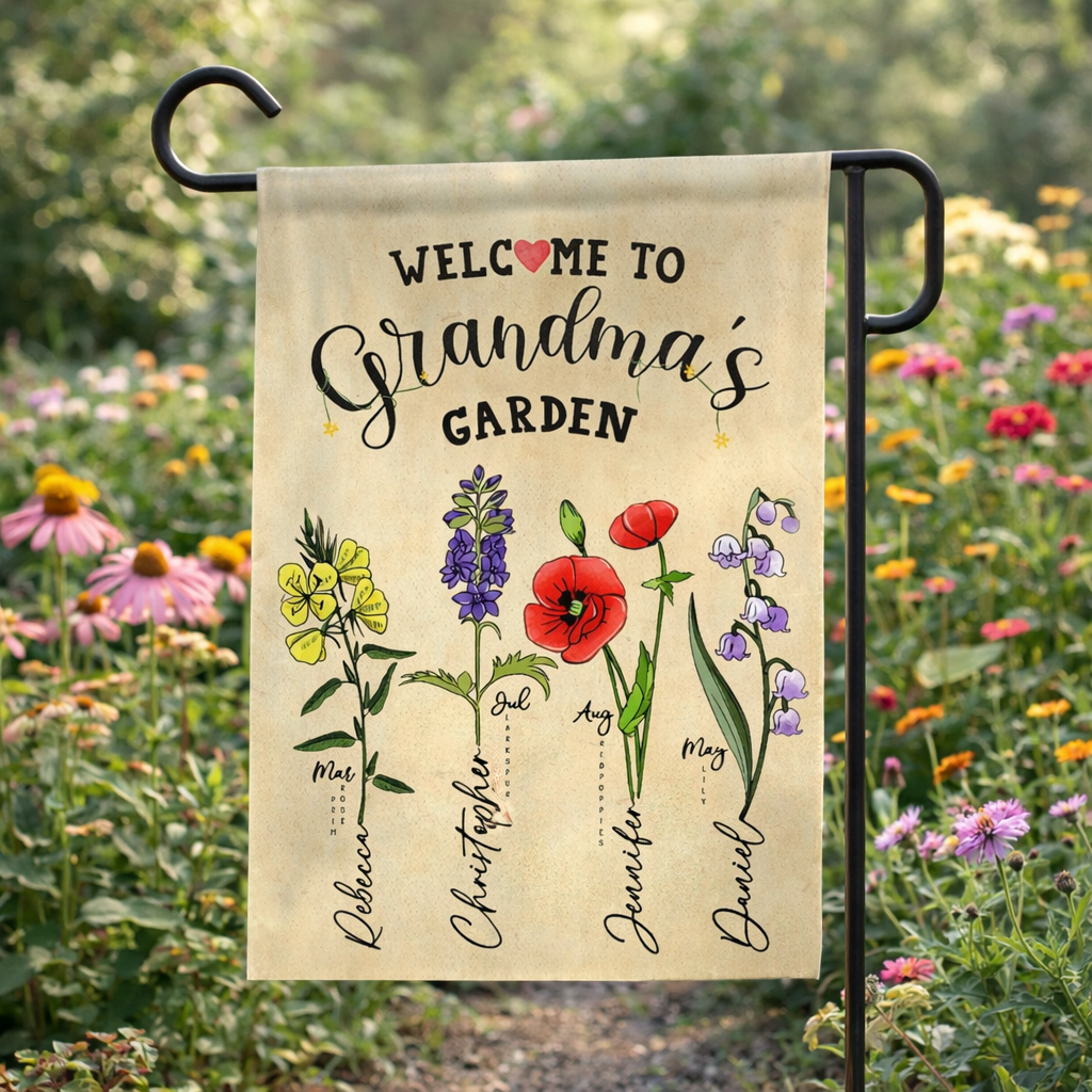 Grandma Gift, Mother's Day Gift For Grandma, Mimi Granny Birthday Gift, Personalized Grandma's Flowers Garden Flag, Custom Grandkids Name