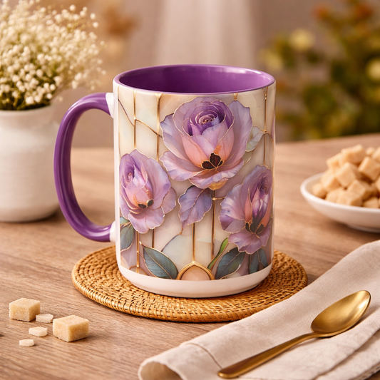 Personalized Purple Rose Stained Glass Mug, Elegant Floral Coffee Cup, Gift For Mom, Sister, Bestie