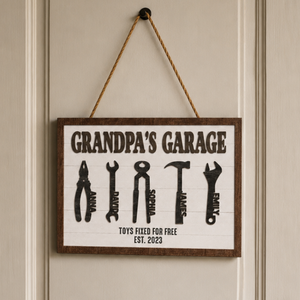 Personalized Grandpa's Garage with Kids Name Wooden Sign, Custom Garage Signs, Papa's Garage Wood Plaque, Workshop Sign, Father's Day Gift
