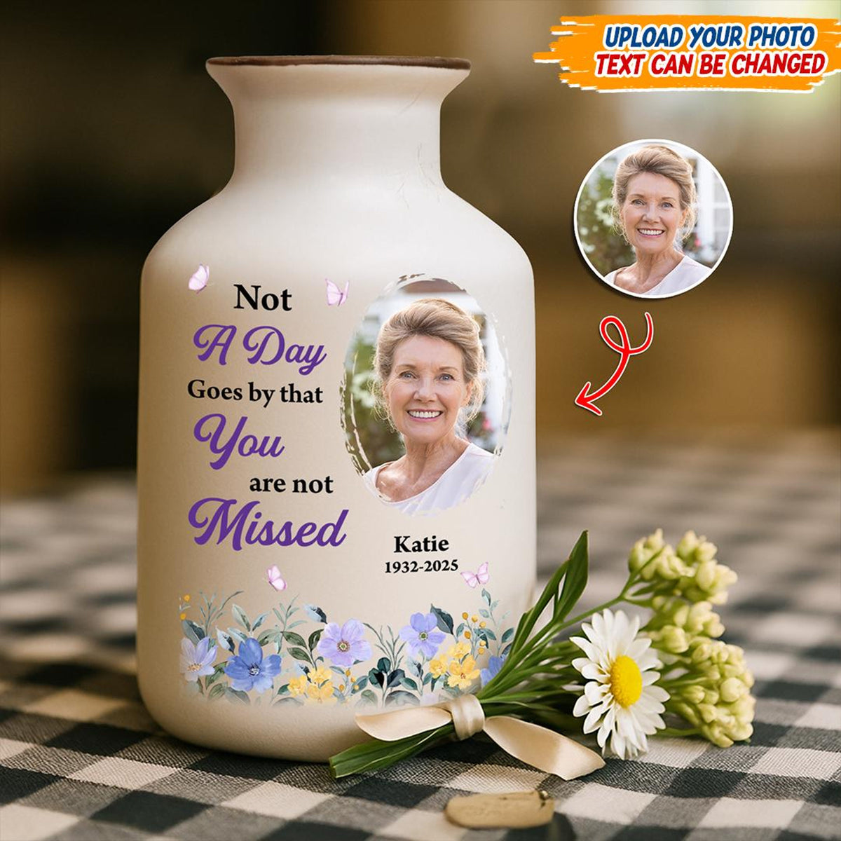 Not A Day Goes By That You Are Not Missed, Personalized Memorial Flower Vase with Photo, Custom Remembrance Vase Keepsake
