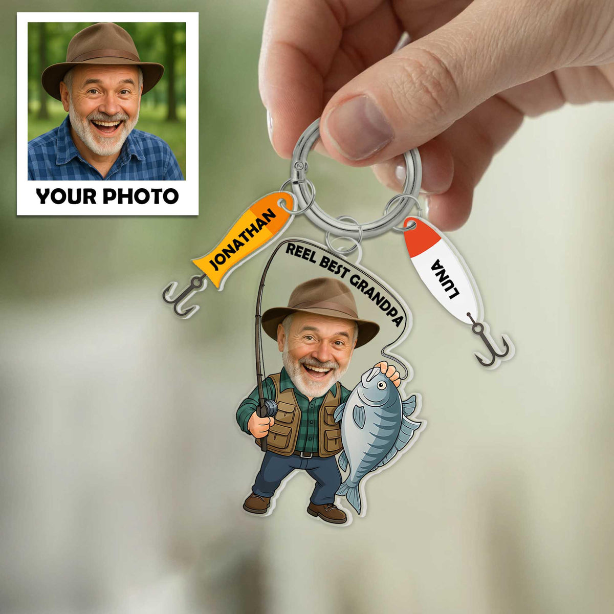 Reel Best Grandpa Fishing Keychain Custom Photo & Name Gift, Personalized Father s Day Keyring for Fisherman Grandpa