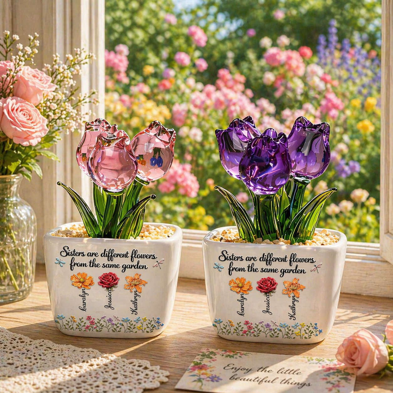 Sisters Are Different Flowers From The Same Garden - Personalized Mini Glass Flower Pot - Gift For Sisters, Besties, Friends