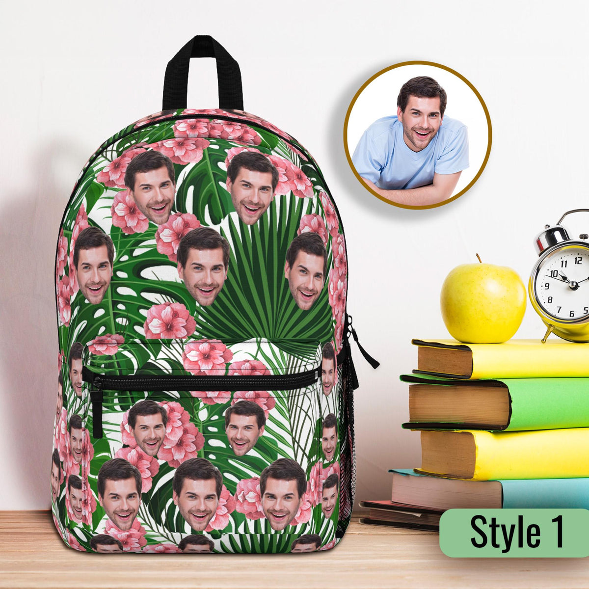 Custom Backpack with Face Photo and Hawaii Flowers Pattern, Personalized Back to School Bag Gift, First day of School