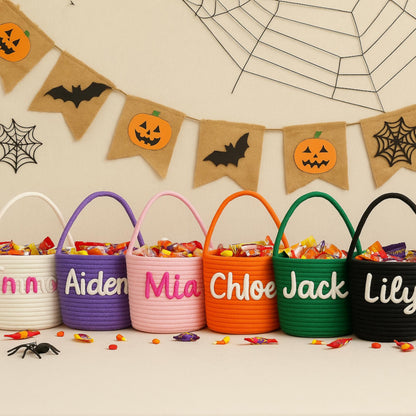 Custom Halloween Children's Name Baskets, Handwoven Personalized Cotton Candy Storage Baskets, Large Capacity Toy Baskets, Halloween Gifts