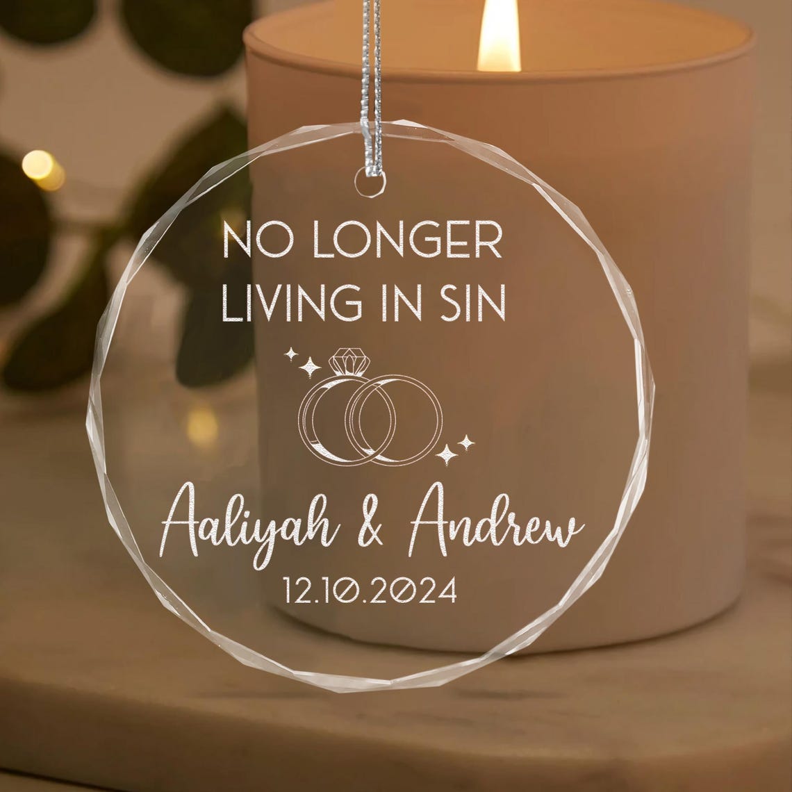 Custom No Longer Living In Sin Ornament, Just Married Christmas Ornament, First Year Married Gift for Newlyweds, Anniversary Gift for Couple