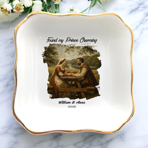 Personalized Proposal Photo Jewelry Dish - Custom Renaissance Painting Illustrated Engagement Keepsake Ring Tray with Names & Engaged Date