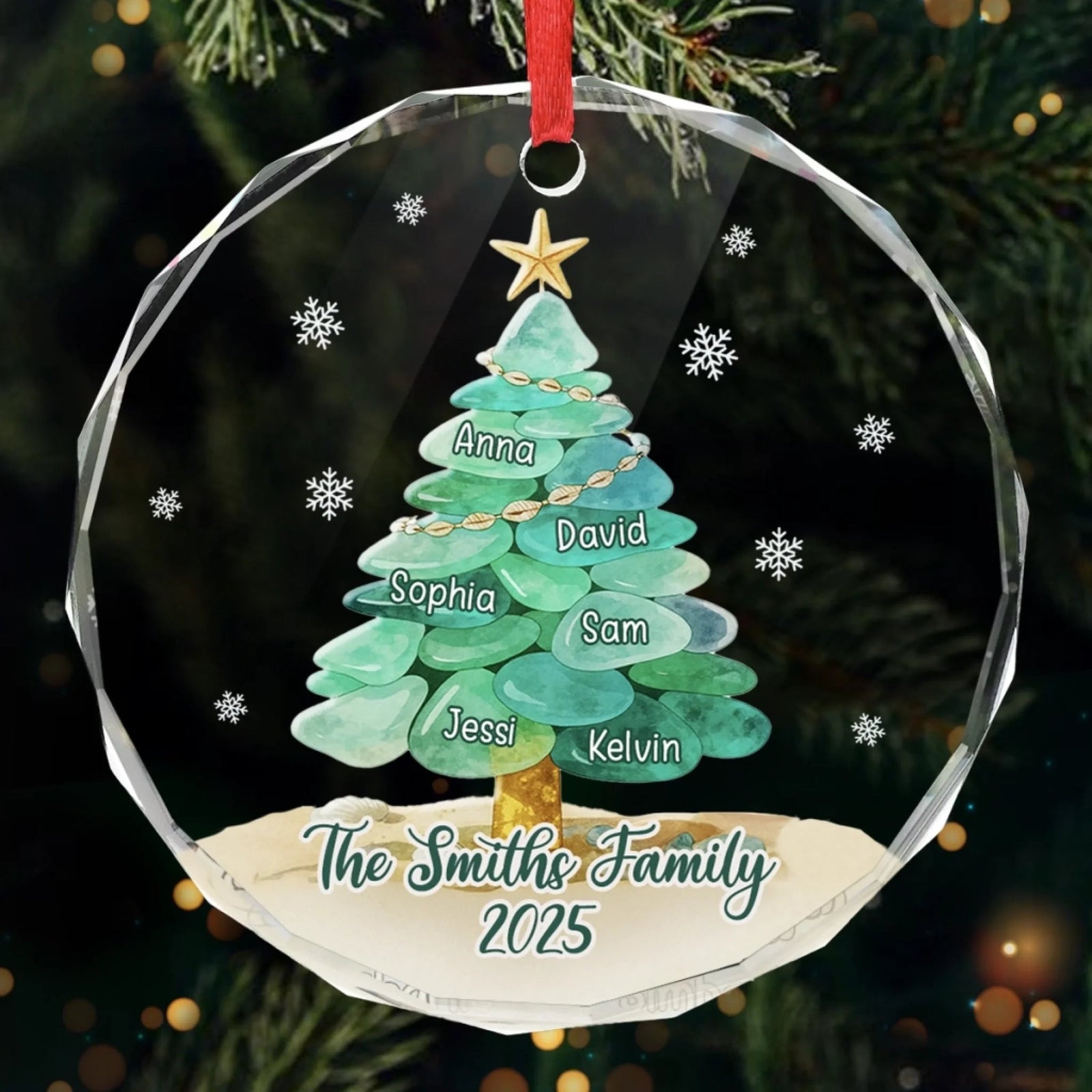 Christmas Family Tree Built By Sea Glass - Personalized Crystal Ornament - Christmas Gift For Family