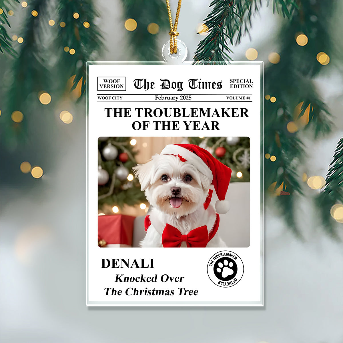 Custom Photo The Troublemaker Of The Year - Personalized Acrylic Ornament - Christmas Gift For Pet Owners