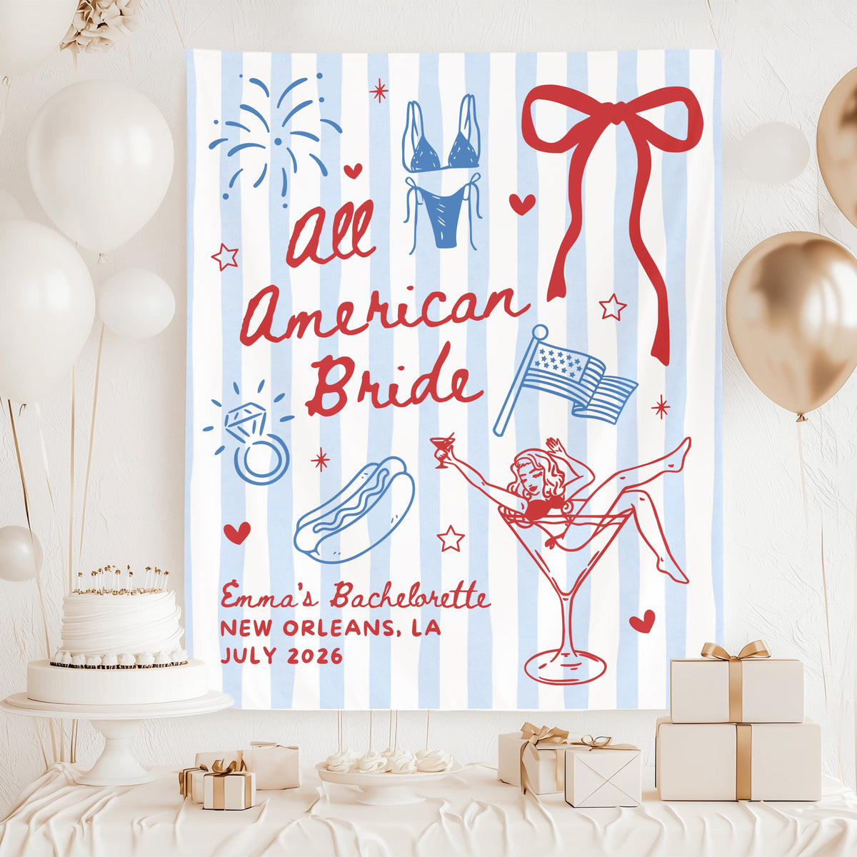 All American Bride Bachelorette Banner, 4th of July Cocktail Party Decor, BBQ Bachelorette Backdrop, Bach Photo Booth, Weenies Bridal Shower