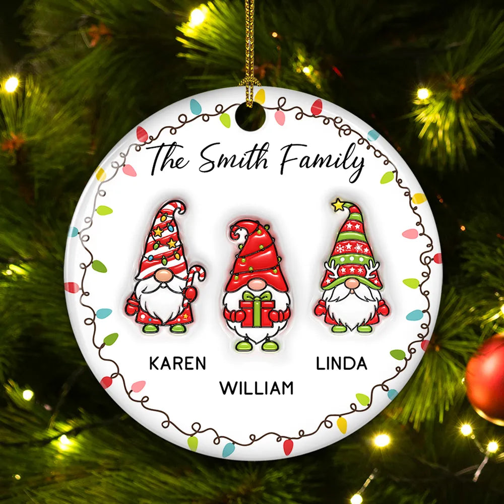 3D Inflated Effect Christmas Gnomes Family - Personalized Ceramic Ornament - Christmas Gift For Family