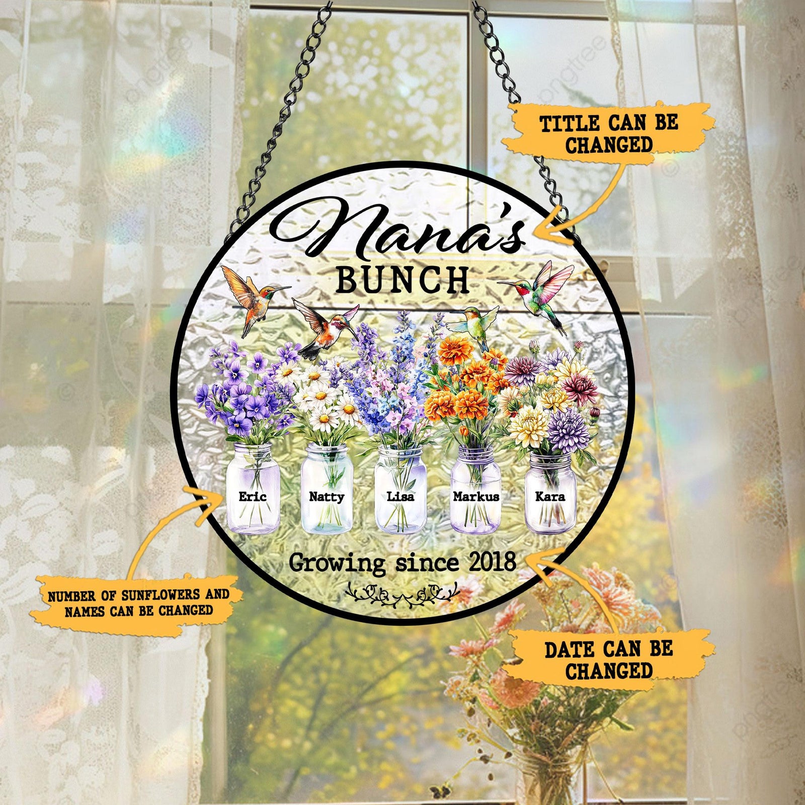 Nana's Bunch - Personalized Suncatcher Stained Glass - Window Hanging Decor Gift For Mom, Grandma, Mother's Day Gift