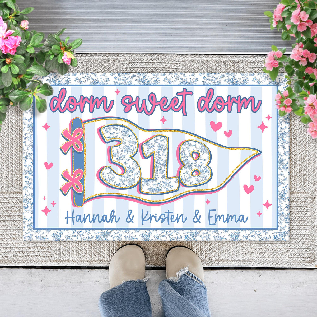 Personalized Blue Chinoiserie Dorm Doormat: Custom Stripe Roommate Names Welcome Mat, College Apartment Decor, Girls Dorm Decor