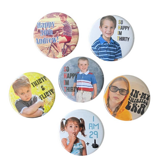 Custom 30th Birthday Party Favor Milestone Birthday Photo Pins Adult Party Favors Face Cut Out Buttons Funny Pin Badge Button for Birthdays