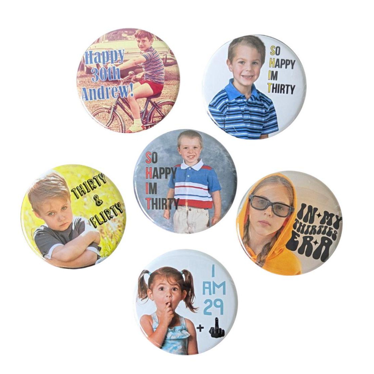 Custom 30th Birthday Party Favor Milestone Birthday Photo Pins Adult Party Favors Face Cut Out Buttons Funny Pin Badge Button for Birthdays