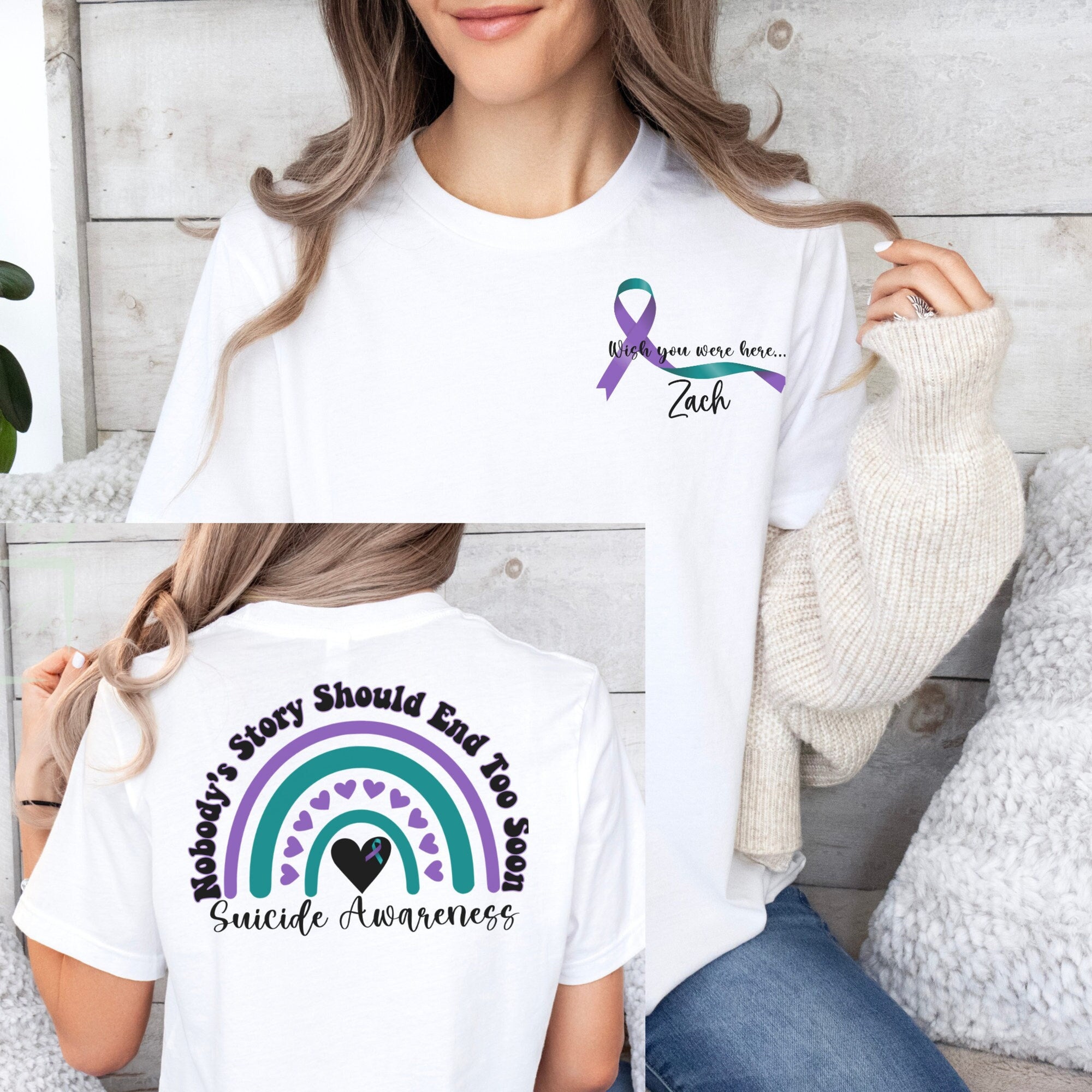 Purple Teal Ribbon In Memory Of Loved One Mental Health - Personalized 2 Side Printed Shirt - Memorial Gift