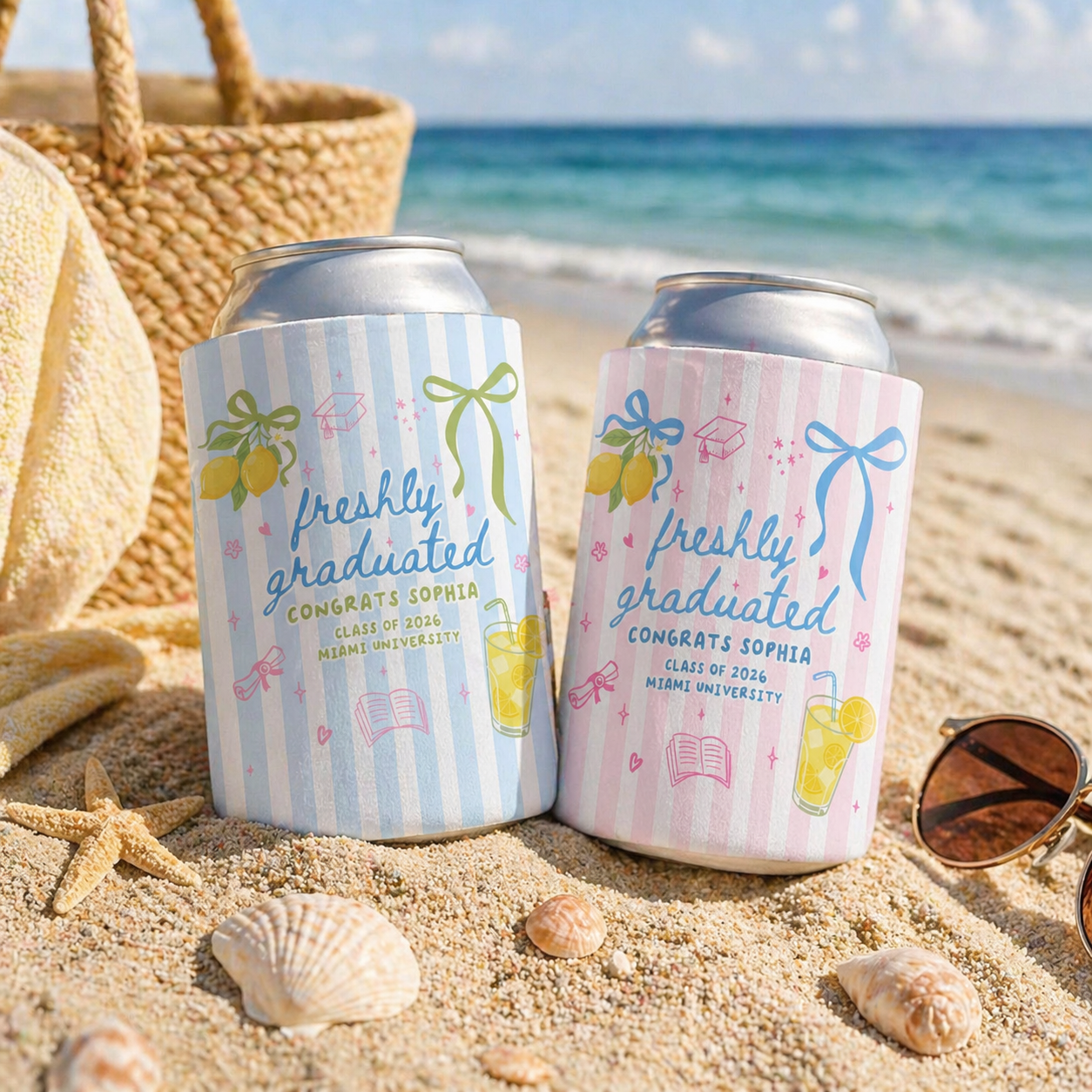 Personalized Summer Vibe Graduation Can Cooler, Striped Graduate Can Cooler, Congrats College Graduate Party Favors, Graduation Party Favors