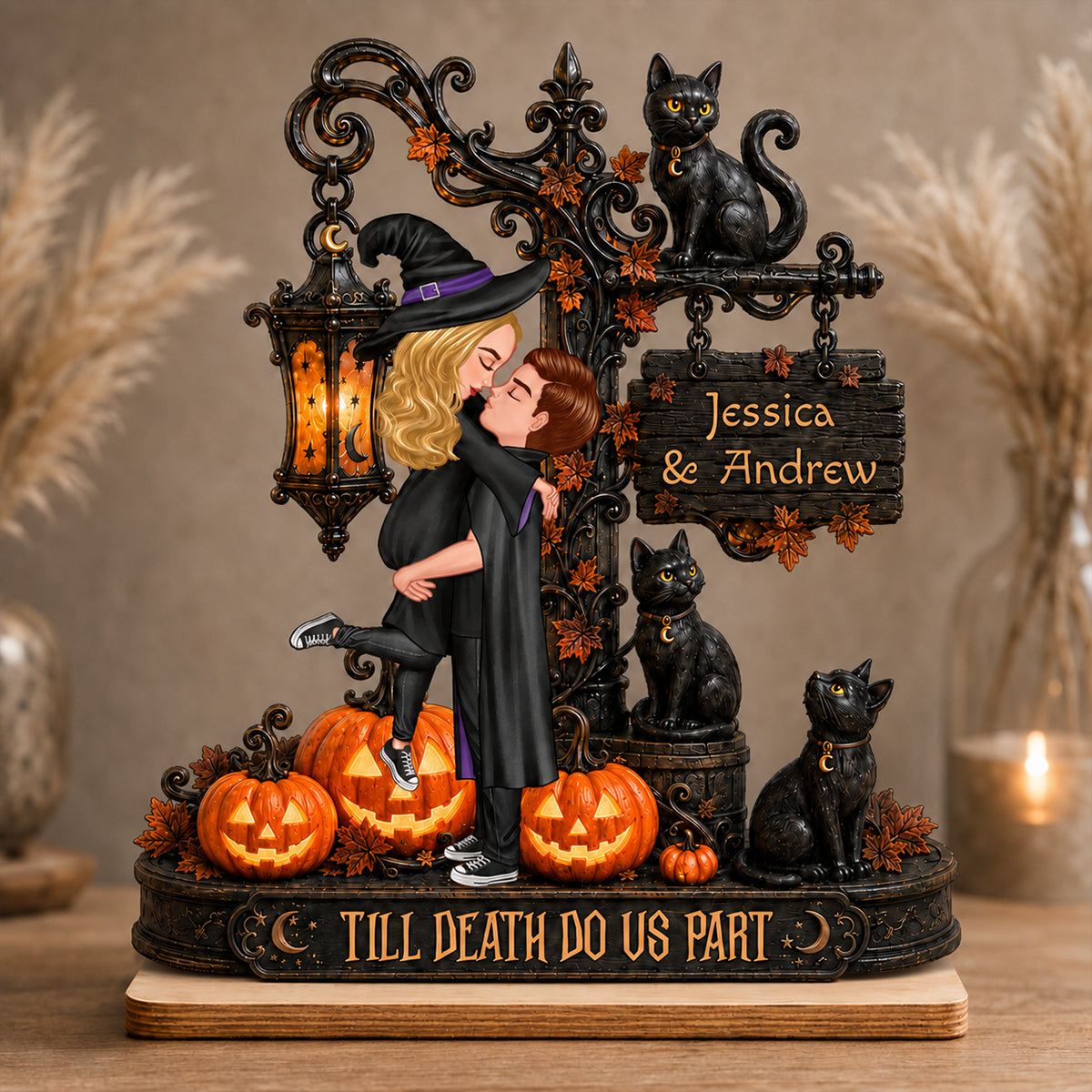 Till Death Do Us Part Couple - Personalized Wooden Plaque - Halloween Fall Decor for Her