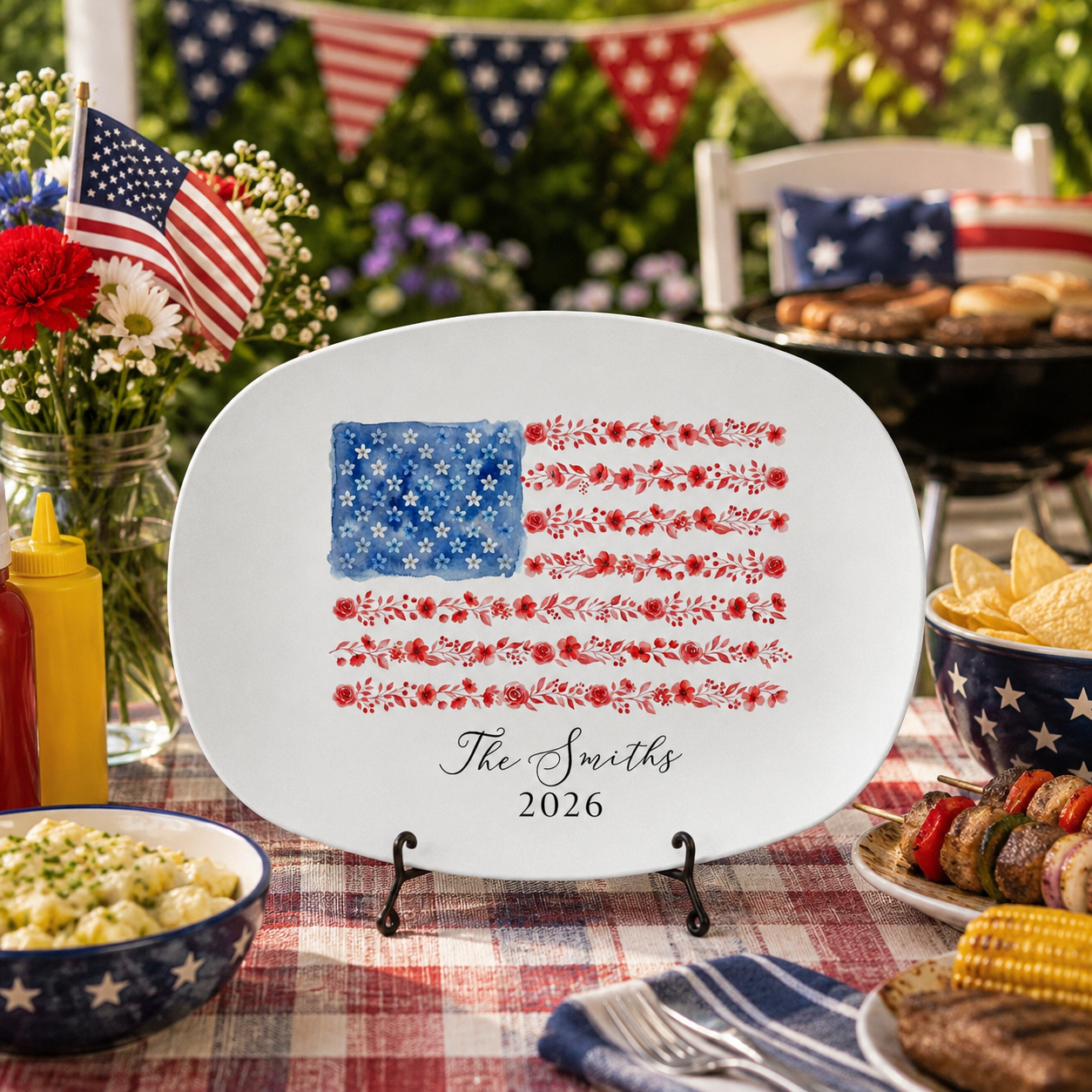 Personalized USA Flag Floral Platter America 250, Patriotic Serving Tray 2026, Custom Name Red White Blue Watercolor Fourth of July Decor