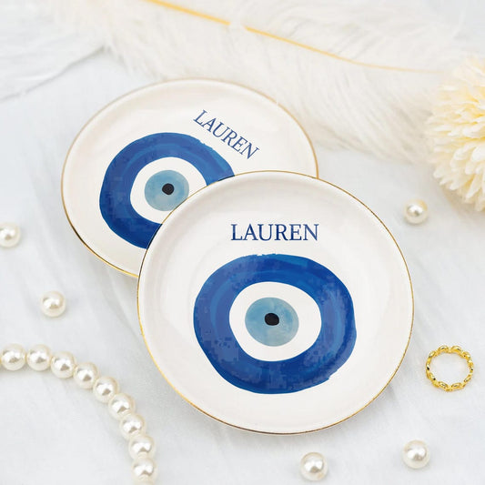 Custom Evil Eye Ring Dish, Personalized Jewelry Tray with Name, Gold Rim Trinket Dish, Protection Charm Gift, Custom Name Good Luck Charm