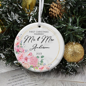 First Christmas Married Pink Flowers Wreath - Personalized Ornament - Christmas Gift