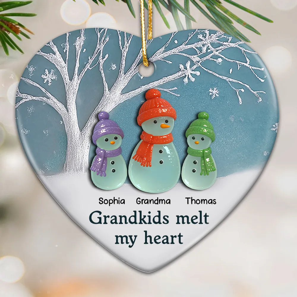 3D Effect Sea Glass Snowman Grandma & Grandkids - Personalized Ceramic Ornament - Christmas Gift For Grandchildren, Grandma