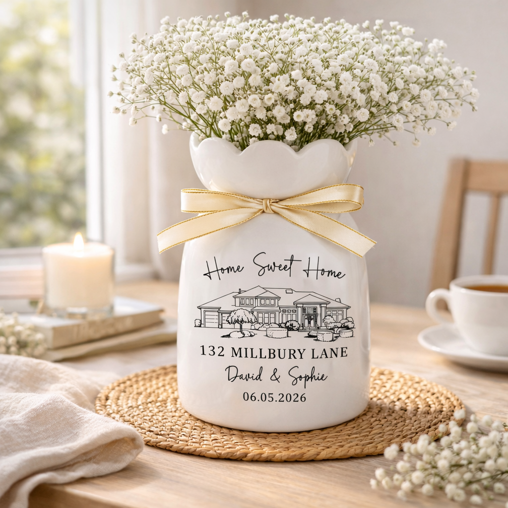 Personalised First Home Gift, Custom Photo New House Ceramic Flower Vase, Housewarming Gift For Couple,Moving In Gift for Friend,Owners Gift