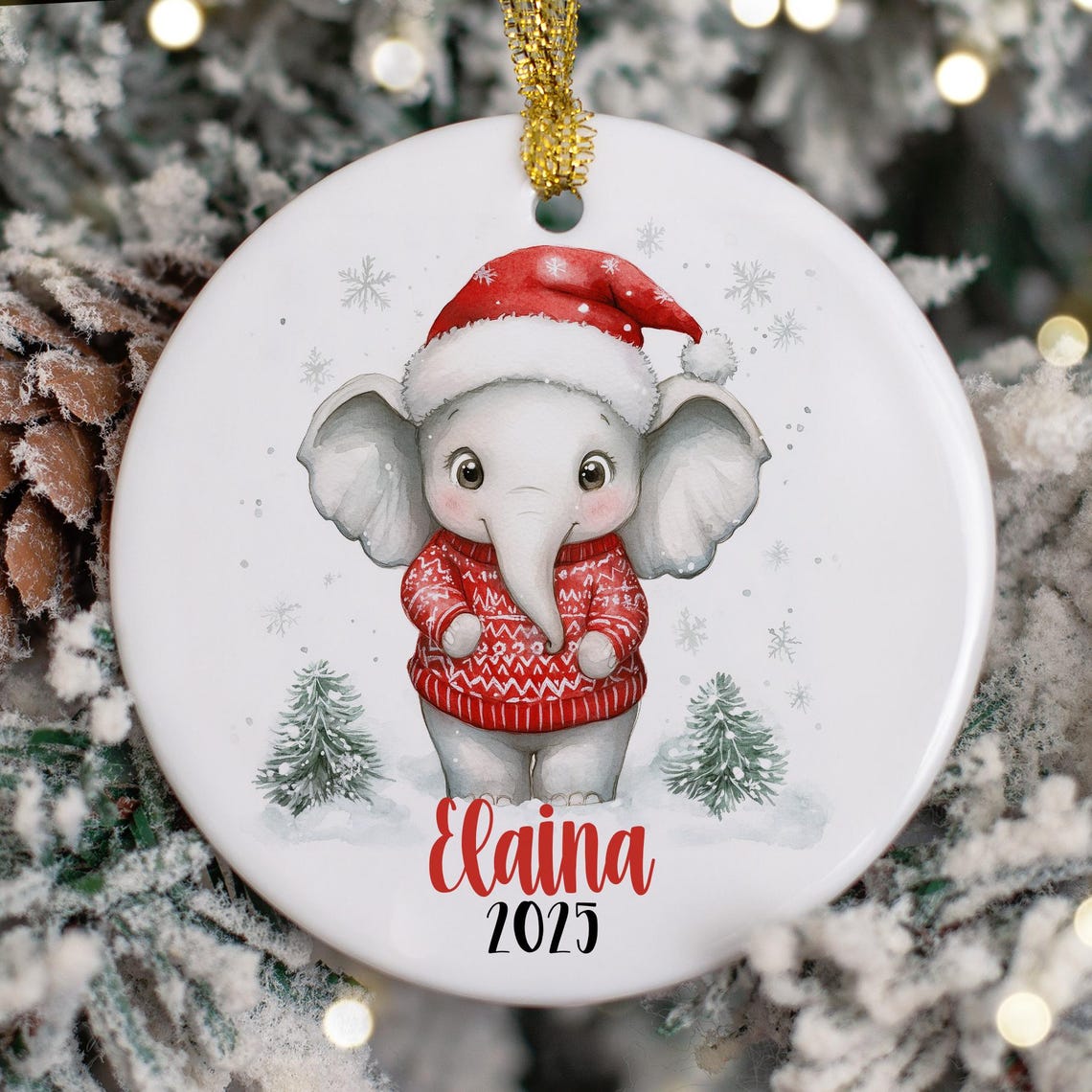 Personalized Elephant Christmas Ornament, Kids Name Ornaments, Custom Santa Elephant Ornament, Childrens Gift for Boys, Girls Elephant Gifts