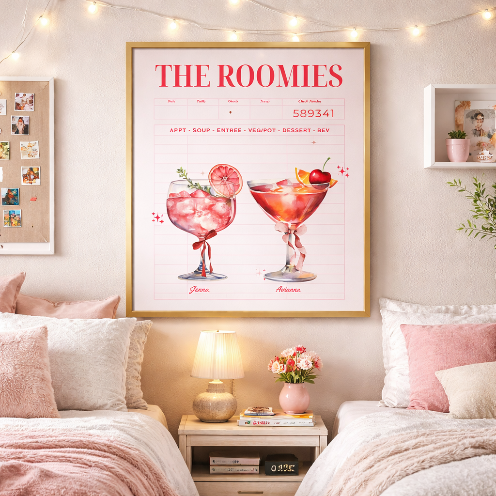 Custom Cocktail Print, Personalized Roomates Gift Idea For Friends, Group Names As Drinks, College Dorm Wall Art Decor