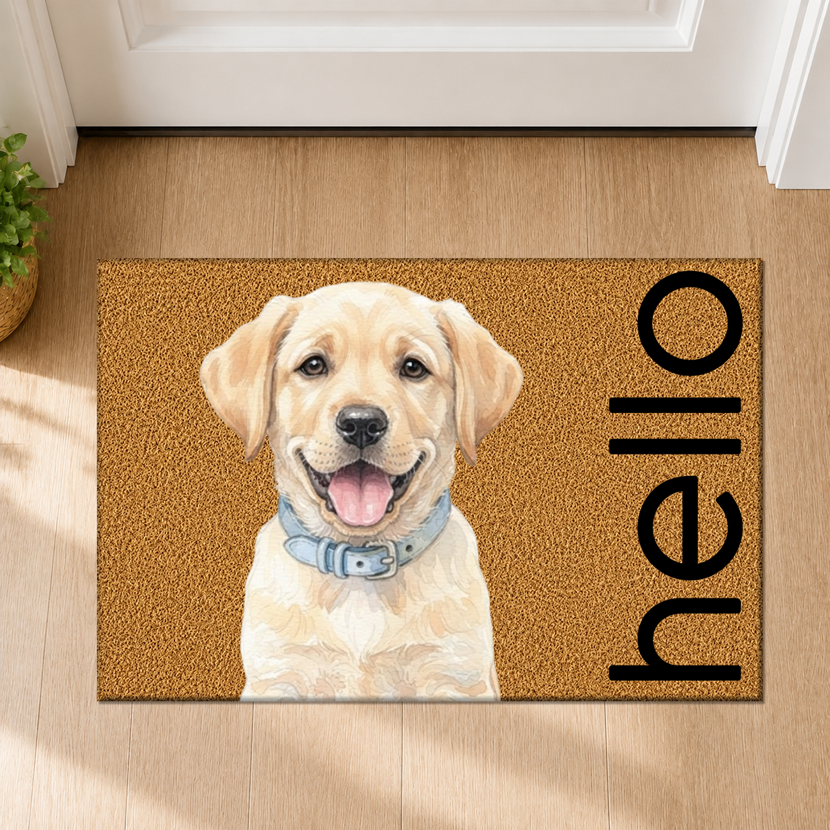 Custom Photo Realistic Watercolor Art Hello Welcome Lovely Pet Portrait - Personalized Doormat