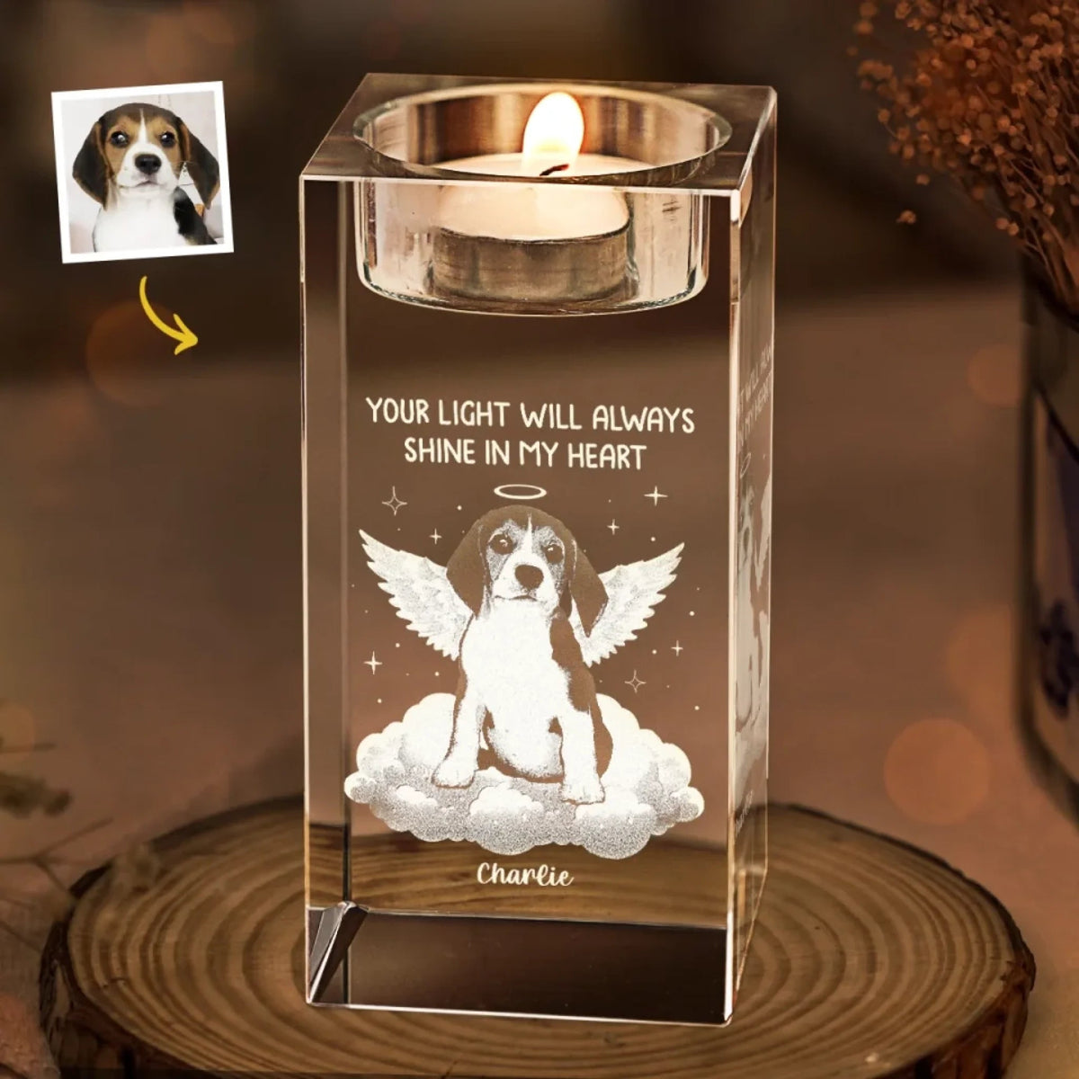 I'm Always Near Custom Pet Photo - Personalized Crystal Candle Holder - Pet Memorial
