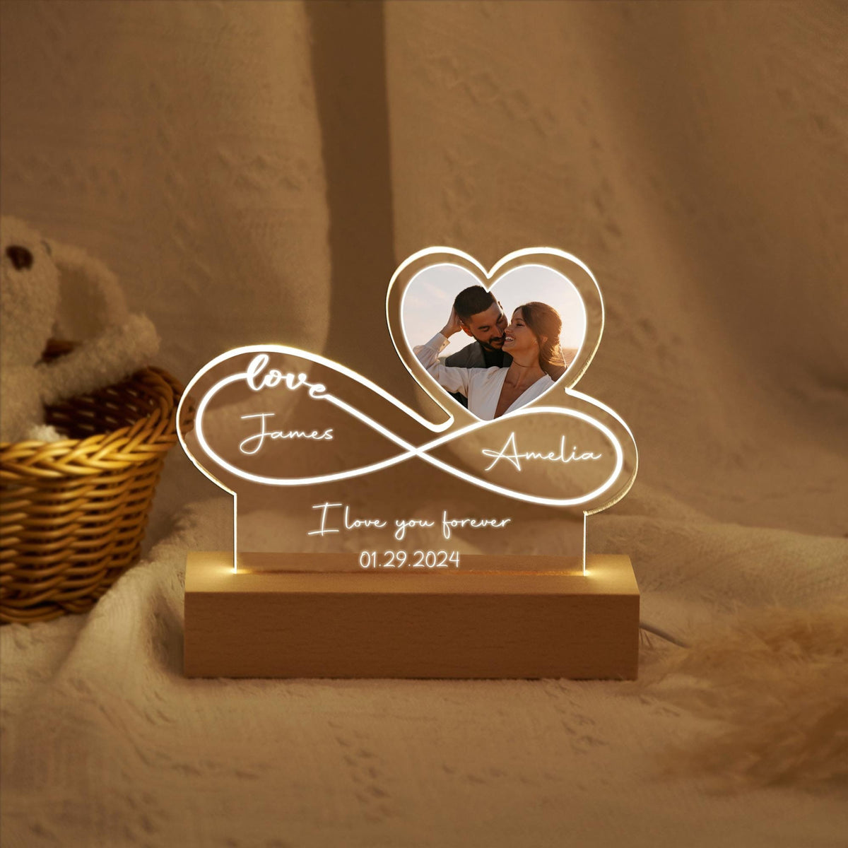 Infinity Love Custom Couple Photo Night Light Plaque, Bedroom Decor, Gift for Couple
