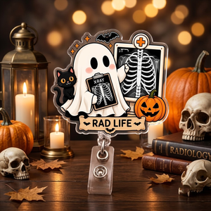 Radiology Ghost Rad Tech Badge Reel, CT Technologist Gift, X-ray Tech ID Holder, Skeleton Pumpkin Hospital Retractable Acrylic Badge Clip