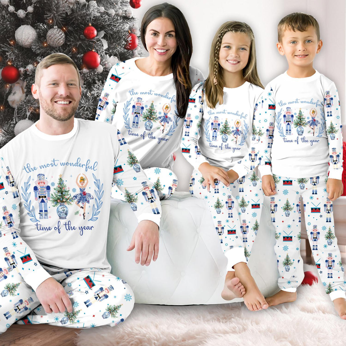 Christmas Long Sleeve Two Piece Pajama, Wonderful Time Of The Year, Chinoiserie Nutcracker Family Pajamas Set, Xmas Holiday Loungewear Set
