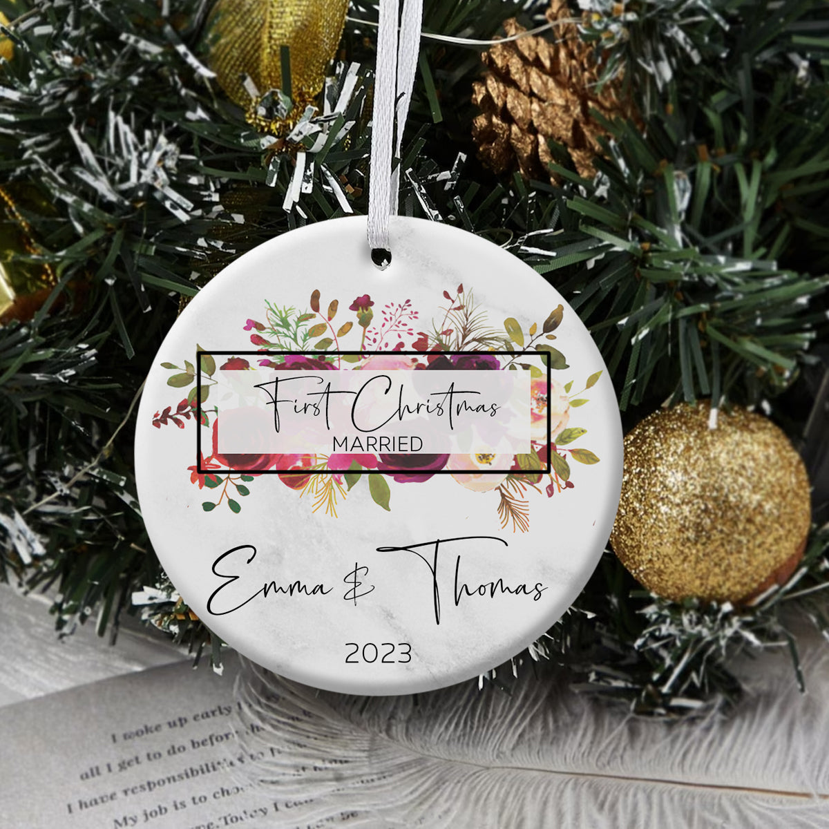First Christmas Married Tropical Leaves - Personalized Ornament - Christmas Gift