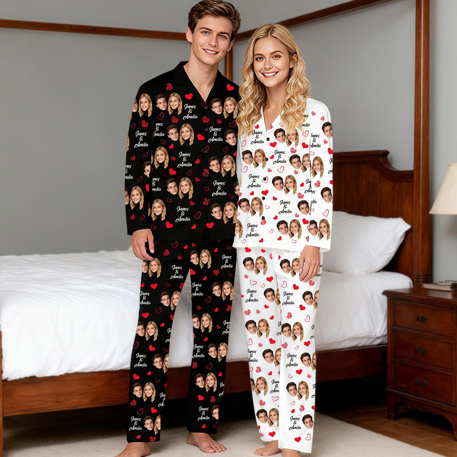 Custom Face Pajama Set, Personalized Photo Pajamas, Christmas Sleeping Matching Set For Couple