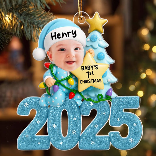 Baby Christmas Tree Upload Photo Glitter 2025 - Personalized Acrylic Ornament - Christmas Gift For Baby